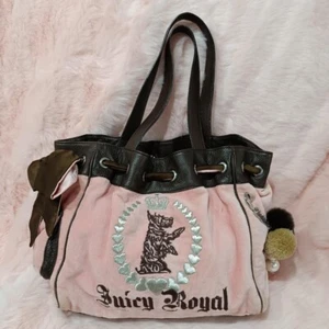 Vintage Juicy Couture Daydreamer Tote Bag Purse Royal Dog Bow Pompom Pin Charm - Picture 1 of 8
