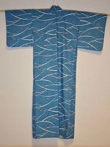 Japanese Kimono ~ Beautiful ~ Blue with Colorful Fans ~ US Seller/Fast Shipping! - Picture 1 of 4
