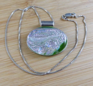 Vintage Pink/Green Sparkle Dichroic Glass Sterling Silver Pendant Necklace #588 - Picture 1 of 19