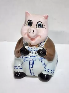 Handpainted Ceramic Pig Farmer Wearing Overalls Figurine - Picture 1 of 5