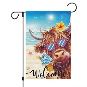Welcome Summer Highland Cow Garden Flag12x18 Inch Double Sided Burlap, Ice Cr... - Picture 1 of 8