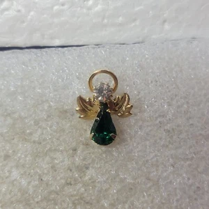 Guardian Angel Lapel Pin Halo Wings Green Crystal Gold Toned May Birthstone - Picture 1 of 4