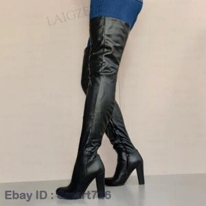 Women Thigh High Boots Thick Heels Faux Leather Over Knee Boots Round Toe Shoes - Picture 1 of 7