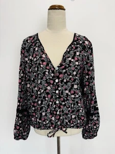 Just Jeans Womens Top Black Pink Floral Long Sleeve Button Up Linen Blend 10 M - Picture 1 of 10