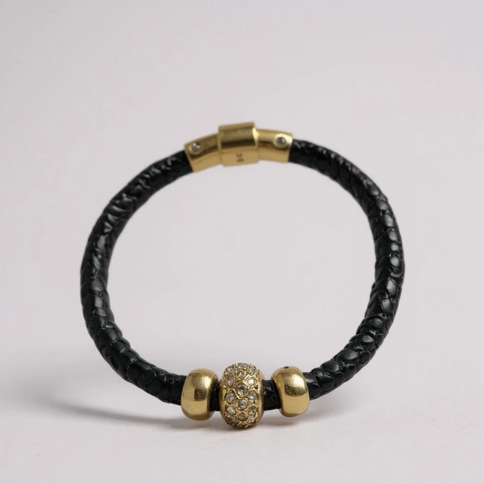 Pulsera HENRI BENDEL de cuero negro brillante cuentas de cristal dorado R $148 Foto 1 de 4