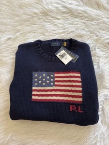 Polo Ralph Lauren New American Flag Sweater USA Knit Crewneck Navy Blue Medium - Picture 1 of 7