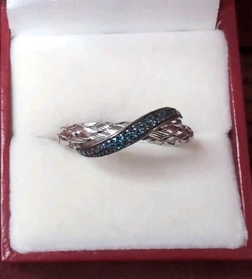 Gorgeous JS Woven Sterling Silver W/Blue Pave Diamonds Band Ring Size 8 - Image 1 of 4