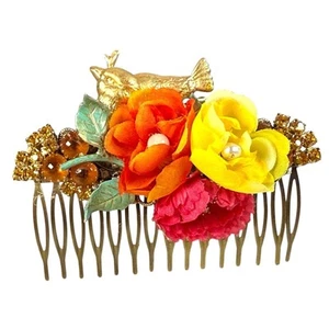 Bridal Floral Hair Comb Vintage Jewelry Gold Bird Accent Hairpiece Accessory - Picture 1 of 5