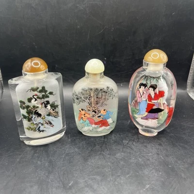 Vintage Reverse Painted Asian Snuff Bottles  Set Of 3 - Image 1 of 4