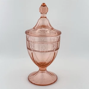 Tarro de caramelo vintage rosa depresión con tapa de vidrio floral grabado pedestal compota - Imagen 1 de 12