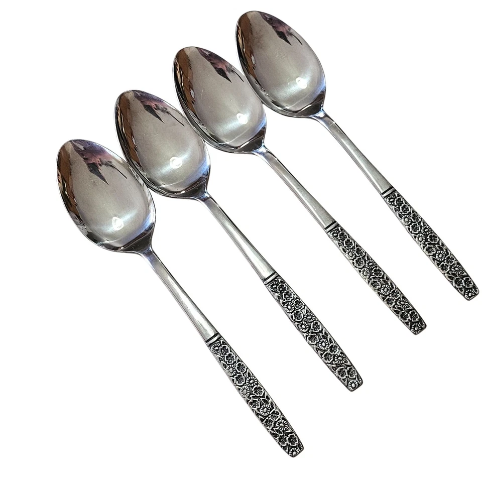 4 Rogers Fragrant Rose Spoon 6" stainless MCM Mod daisy floral Japan 70s vtg  - Image 1 of 4