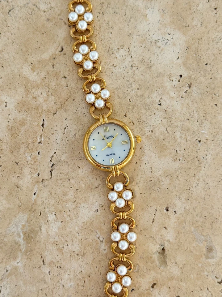 优雅女式珍珠手表手链金色带极简主义复古风格 — 第 1/4 张图片