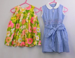 2 Vtg Sleeveless Toddler Dresses 1960s Blue Gingham MOD Flower Power Cotton - Picture 1 of 7