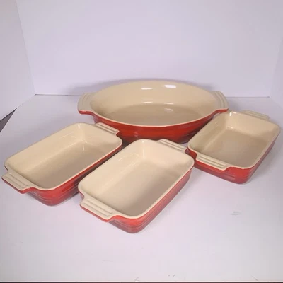Lot Of 4 Red Le Creuset Enameled Stoneware Oval Rectangular Baking Casserole - Image 1 of 4