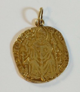 Gold over Sterling Silver Italy Religious Saint Holding Staff Coin pendant ew 