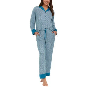 Flora Nikrooz Womens Medium 2 Piece Satin Trim Notch Collar Pajama Set - Blue - Picture 1 of 4