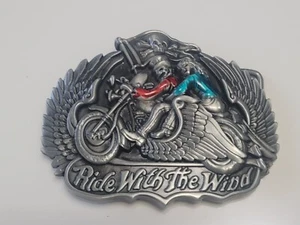 Silver Finish Biker Belt Buckle - Western Biker Belt Buckle Ride With The Wind - Picture 1 of 2