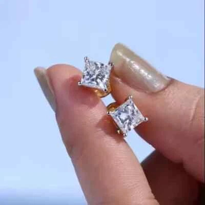 14K Yellow Gold Plated 2Ct Princess Cut Lab Created Diamond Stud Earring - Image 1 of 4