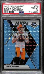2020 Panini Mosaic Blue Fluorescent Refractor 300 Aaron Rodgers MVP 12/15 PSA 10 - Picture 1 of 2
