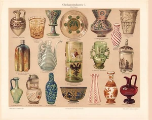 um 1900 #1 ALTE DEKORATIVE GLASGLASWAREN FARBCHROMOLITHOGRAPHIE @10x13 - Bild 1 von 2