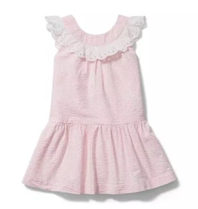 Janie And Jack Dress Girl 12 Pink Ruffle Collar Easter Seersucker Eyelet Collar - Picture 1 of 13