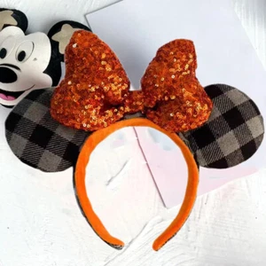 US Disney Parks 2022 Limited Ears Orange Bow Sequin Halloween Plaid Headband - Picture 1 of 6