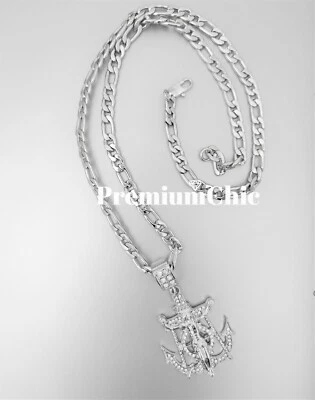 Jesus Anchor Pendant w 24" Figaro & Cuban Link Chain Necklace Plated CZ Jewelry  - Image 1 of 4
