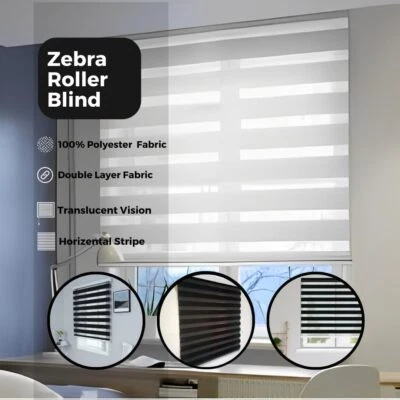 Zebra Vision Window Roller Blind Easy Fit 165cm-210cm Drop Day and Night Blinds - Image 1 of 4