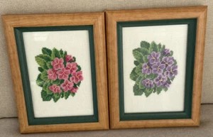 Lot of 2 Violets Flower Completed Wall Art Cross Stitch 7" x 9” Framed in Brown - Picture 1 of 7