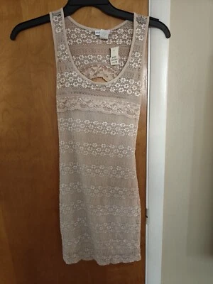 Body Central Lace Overlay Dress Open Back Beige Tan Floral NWT Size Medium Stain - Image 1 of 4