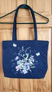 Vera Bradley Small Vera Tote Bloom Boom Navy Flower Embroidered Quilted Mint - Picture 1 of 15