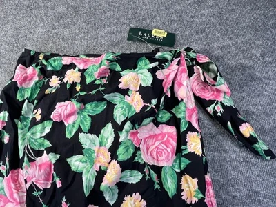 RARO! NUEVO CON ETIQUETAS LAUREN RALPH LAUREN LRL Falda Midi Negra Floral Talla 14 Algodón Foto 1 de 4
