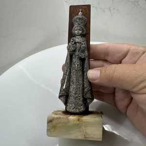 Vintage Infant of Prague Statue – Silver-Tone Metal – Marble & Wood Base – Catho - Picture 1 of 10