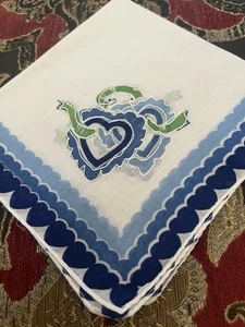 Vintage Topstitched Blue Double Hearts Valentines Hankie VGC - Picture 1 of 2