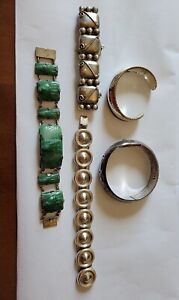 Taxco BRACELET LOT. All Signed, 202 Grams. Jade Carved Bracelet Is Rare.