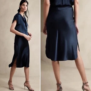 NUEVO CON ETIQUETAS Banana Republic Bliss Falda Midi de Seda XXL 20 Azul Marino Cintura Elástica Pull-on - Imagen 1 de 10