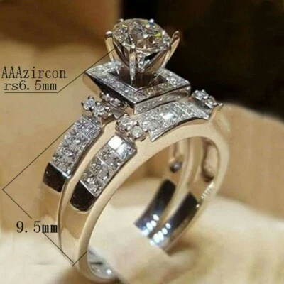 Juego de anillos de compromiso rellenos de oro blanco con banda de circonita cúbica de corte redondo de 6,5 mm para mujer talla 5-11 Foto 1 de 3