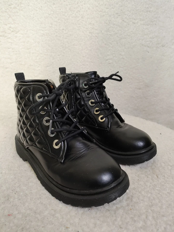 Steve Madden шорты девочек ботинки 2 М черный PU кожаный шнурует вверх лодыжки плоский туфли - Изображение 1 из 4