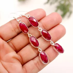 Ruby Lab Created Gemstone Dangle Handmade 925 Sterling Silver Earring Jewelry - Picture 1 of 6