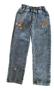 Girls Jeans Elastic High Waisted Cinched Embroidered Size 120 US 5 Denim - Picture 1 of 9