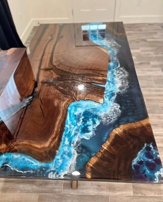 Custom Ocean Epoxy Resin Dining Table | Live Edge Wood Table | Modern Handmade - Image 1 of 4