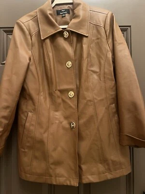 Dennis Basso 棕色人造皮革夹克带金色转钥匙扣中号 M — 第 1/4 张图片