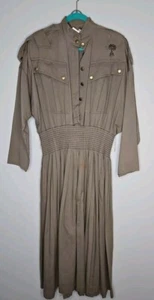VINTAGE 80s Foxy Lady Beige Olive/Khaki Safari Retro Military Shirt Dress 12 - Picture 1 of 9
