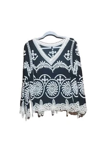 Lapis Bohemian Top Black Ivory Embroidered Lace Trim Blouse Small - Picture 1 of 3