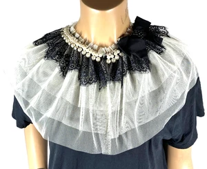 Ryu Black Lace White Layered Mesh Collar Faux Pearls Black Beads Velvet Bow - Picture 1 of 9