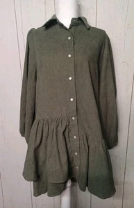 Entro Damen Kleid M olivgrün Cord Button-Down Hemdblusenkleid mit Rüschen Herbst - Bild 1 von 6
