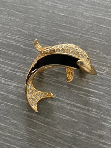 Vintage Dolphin Black Gold Tone Enamel Gold Tone Rhinestone Pin Brooch - Picture 1 of 7
