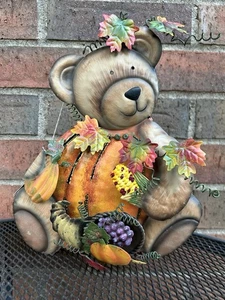 Vintage Herbst Herbst Ernte Deko Metall Leuchte Kürbis Bär mit Glas Kerzenhalter - Bild 1 von 12