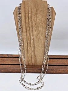 Chico’s Layered Distressed Silver & Clear Seed Beaded Necklace  34" Statement - Picture 1 of 8