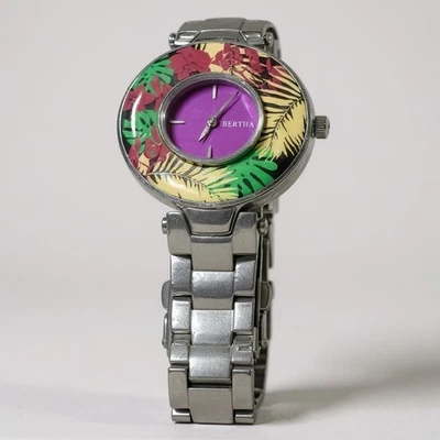 Bertha Elizabeth Floral Tropical Swiss Watch SILVER /PURPLE New Battery - Image 1 of 4